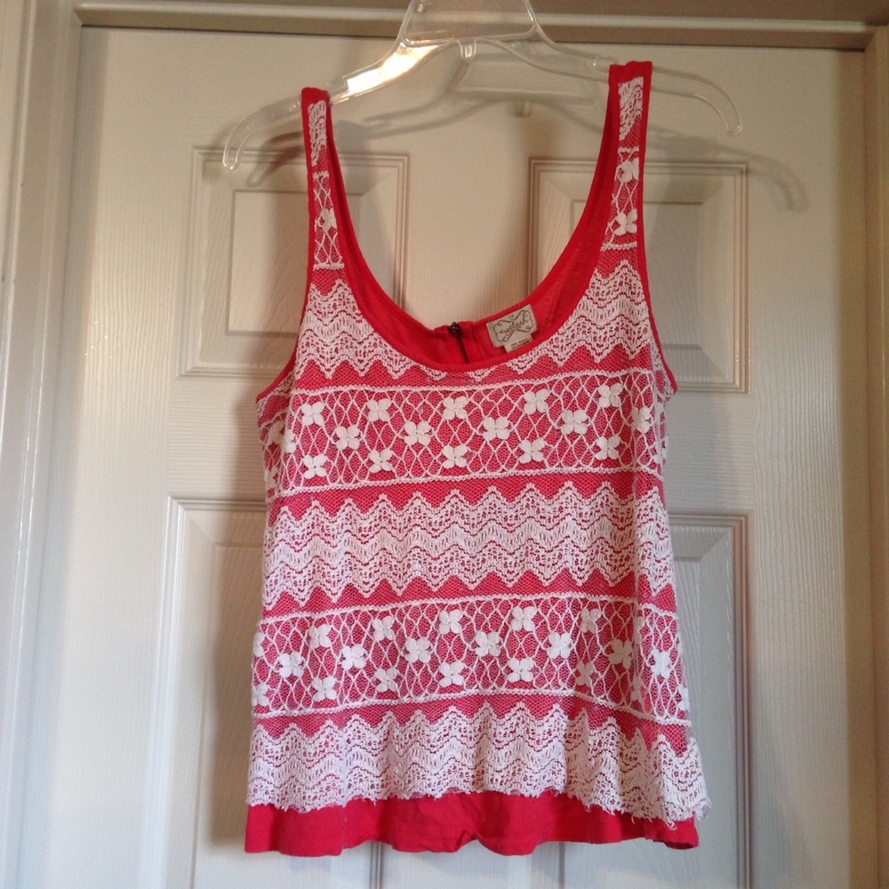 Eyelash Coral top with lace overlay front